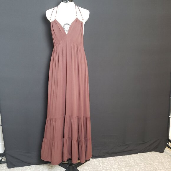 HYFVE Brown Tiered Maxi Dress Beaded Halter Neckline Open Back Size Large - Picture 1 of 15
